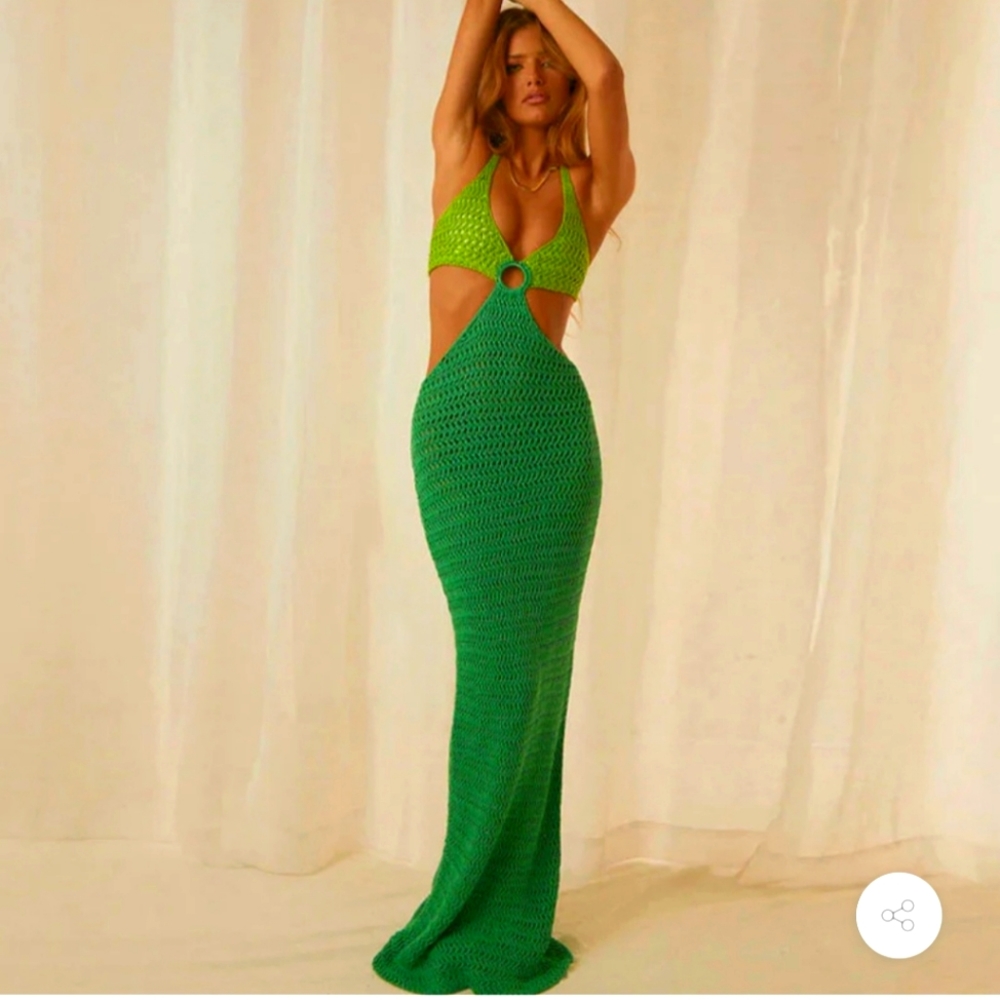 Green cutout crochet maxi dress